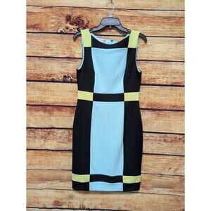 Maggy London Colorblock Form Fitting Sheath Dress Size 10 Black Blue Green EUC